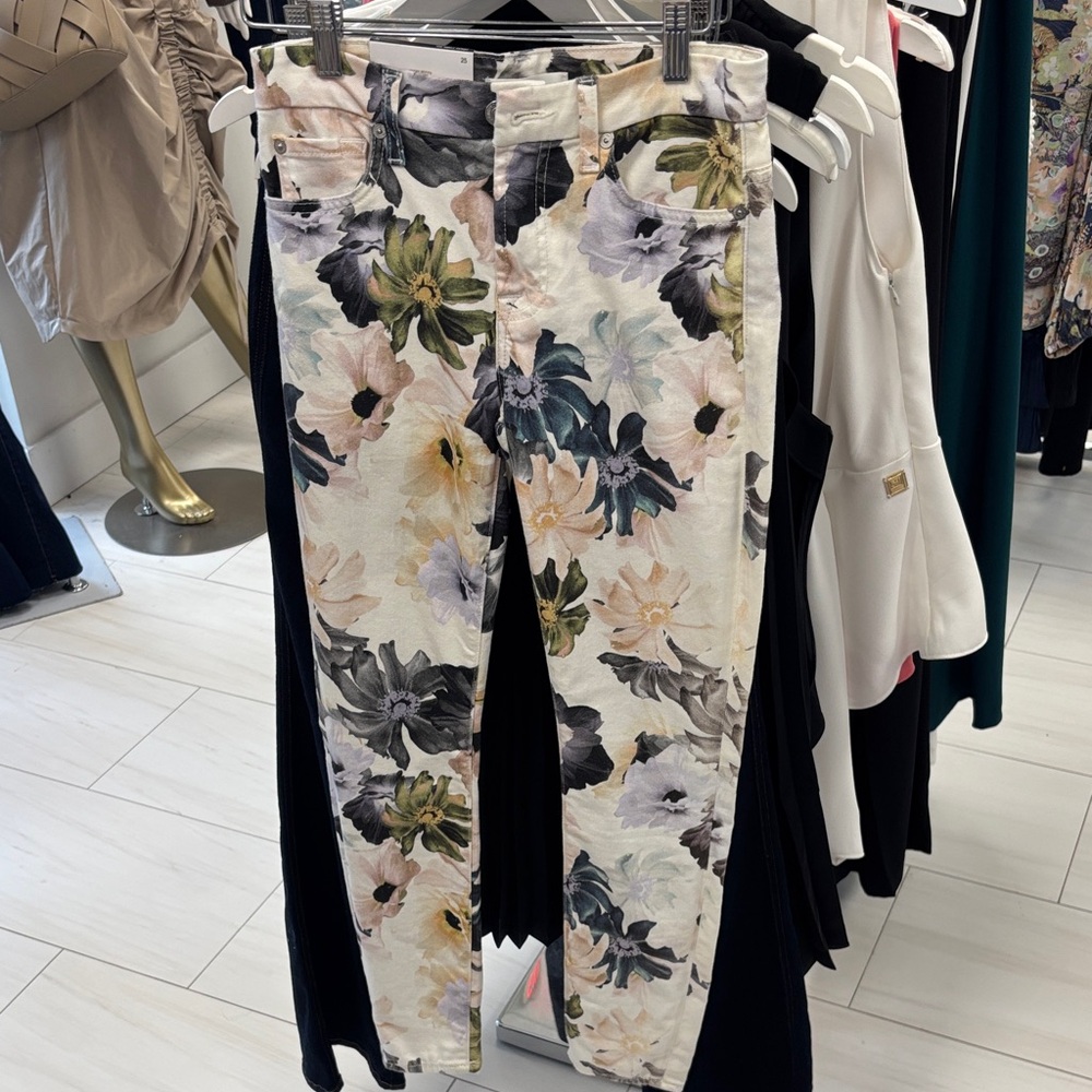 7 For All Mankind Floral Skinny Jeans - Cream and Black